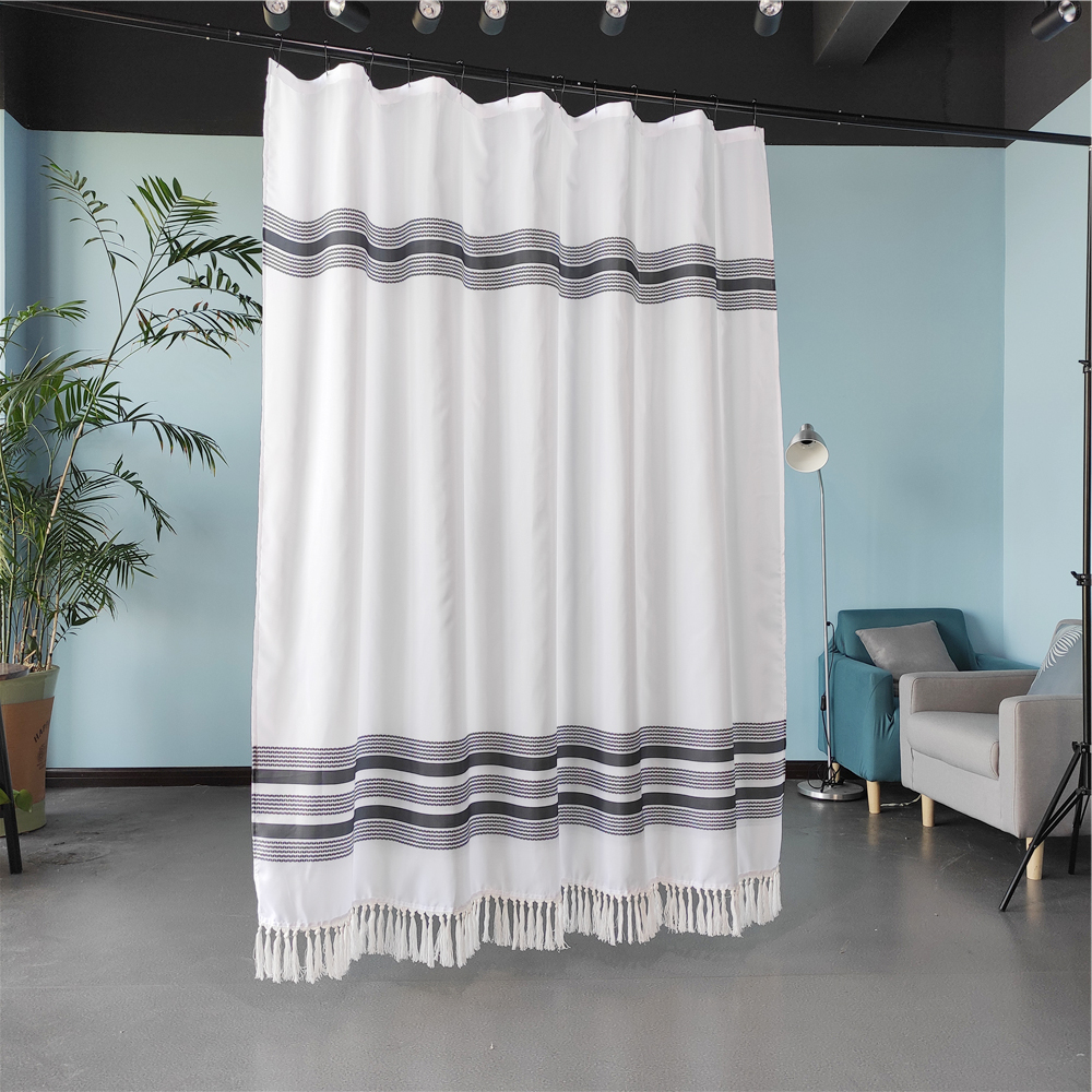 Black and white stripes tassel shower curtain