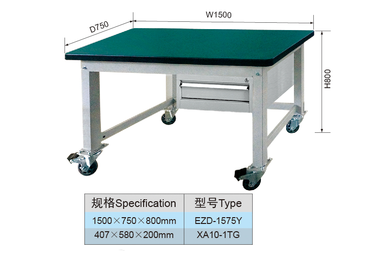 1.5 Meter Metal Garage Moveable Workbench with 2 Drawers
