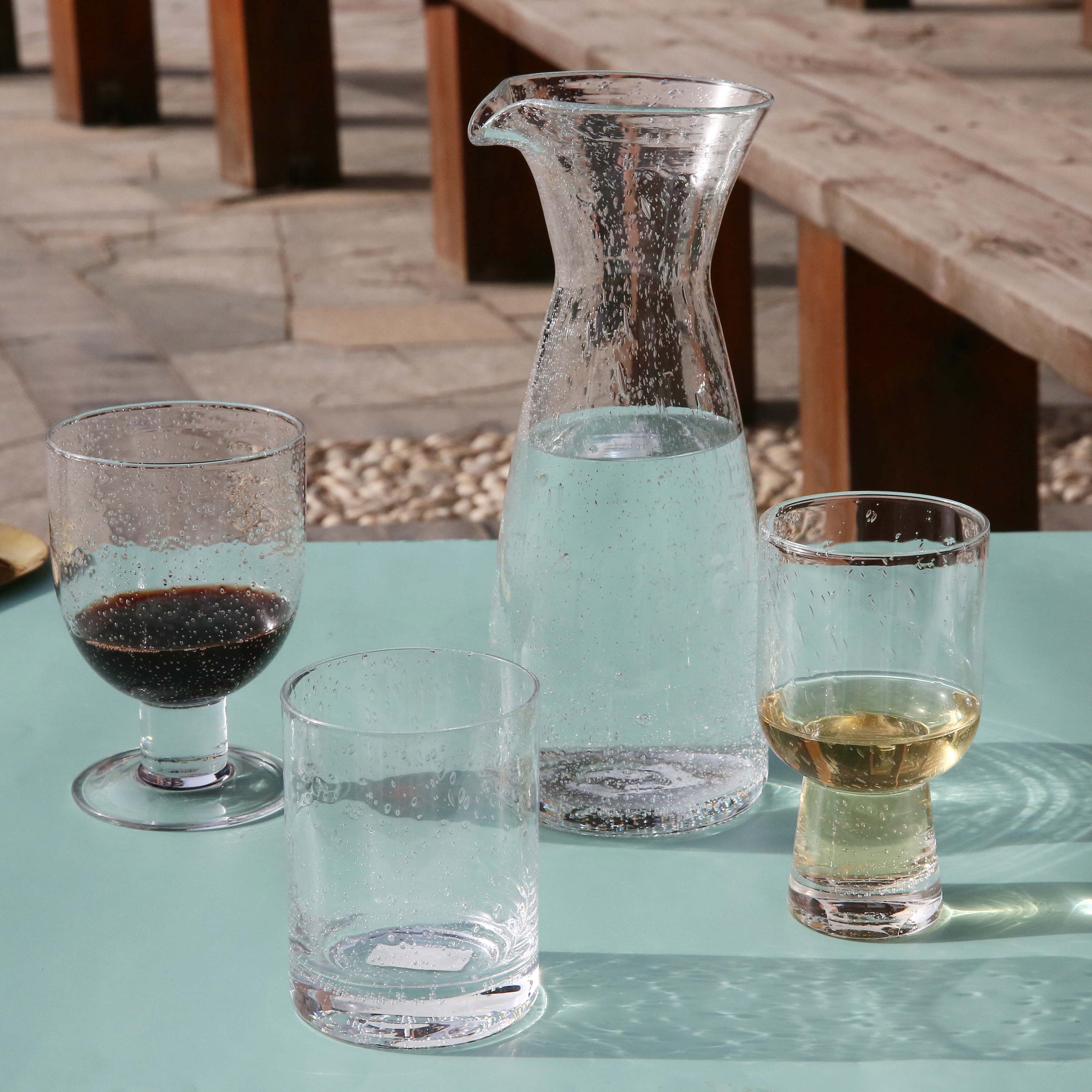 Glass Water Carafe with Tumbler w Bubbles丨Hand Made Drinkware – Elegant Jug and Drinking Wine Glass Cup Set of 4丨 For Guest Room, Office.