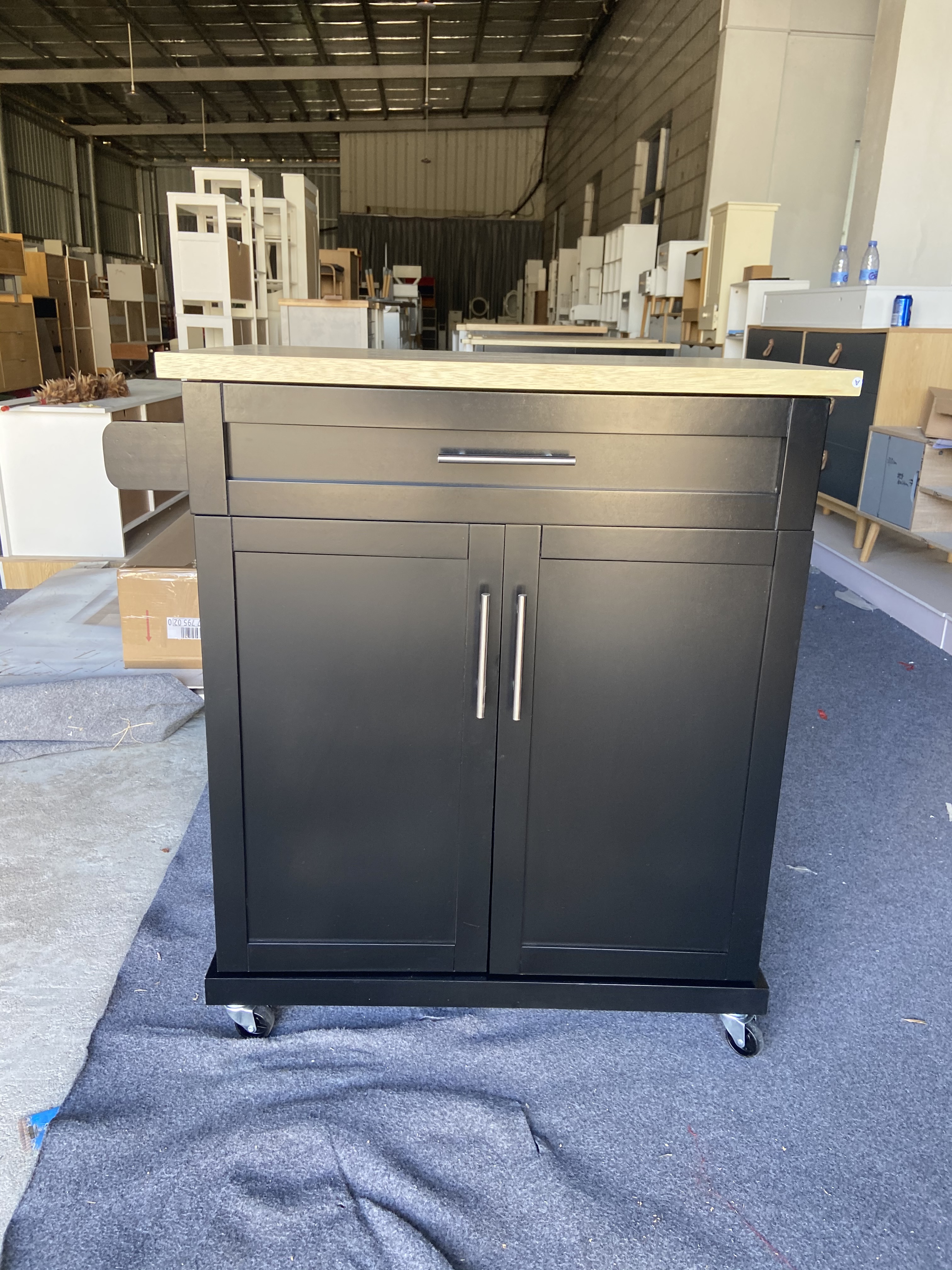 kitchen cart black with one door and two drawers black