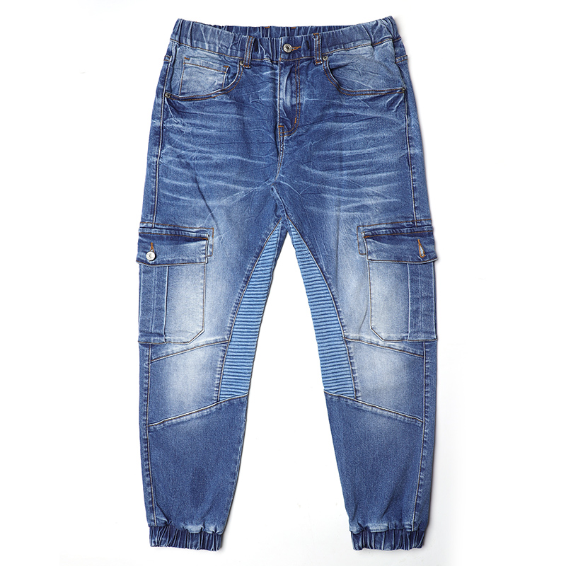 Rubber waistband denim cargo jeans acid wash custom jeans pants M003