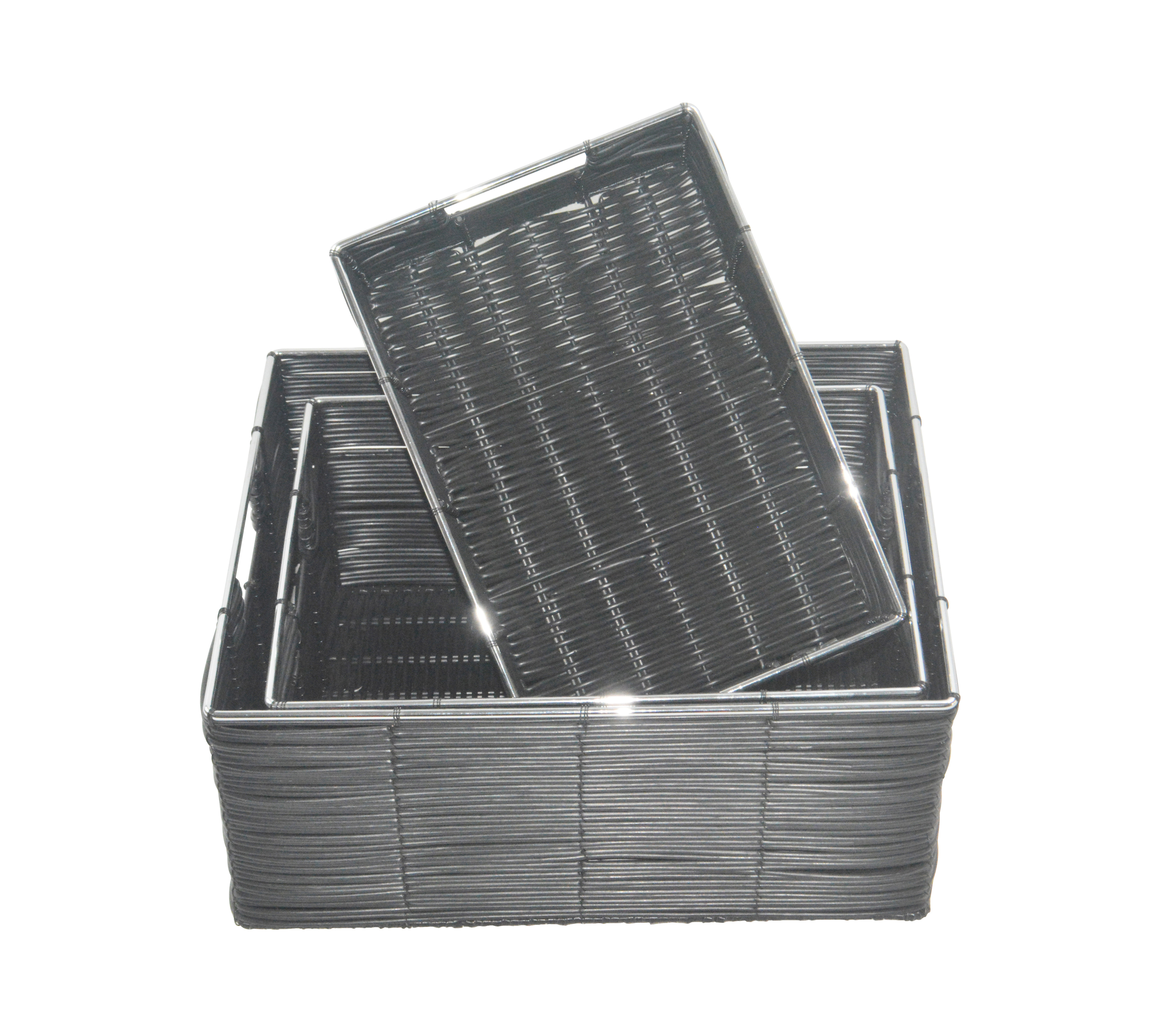 Black metal and PE rattan storage basket set