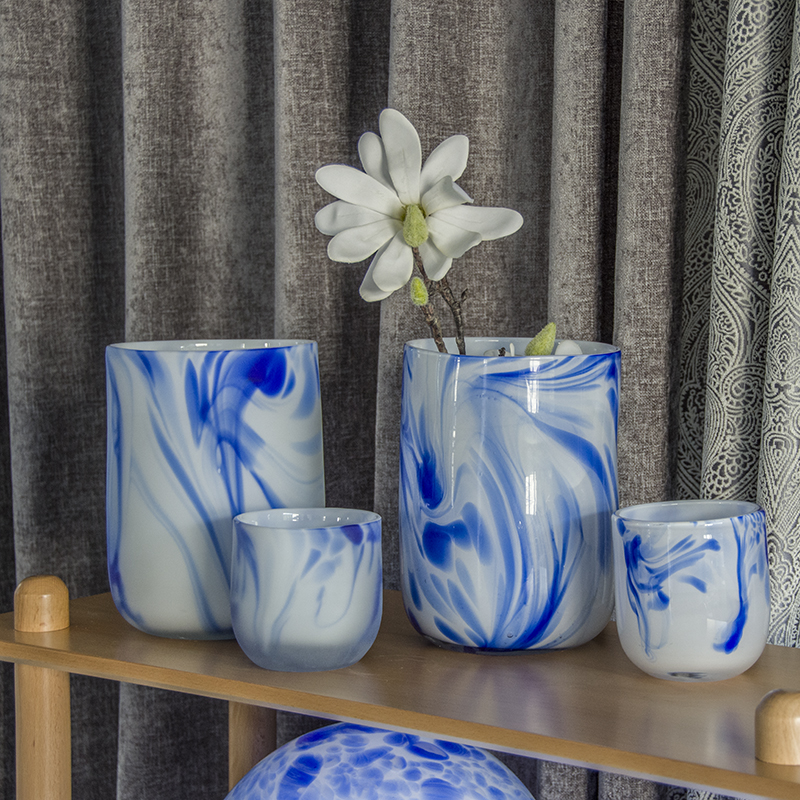 Handmade mouth-blown color art Glass Natural rim square vases G07-55;G07-55;G07-60;G07-60 Blue and white