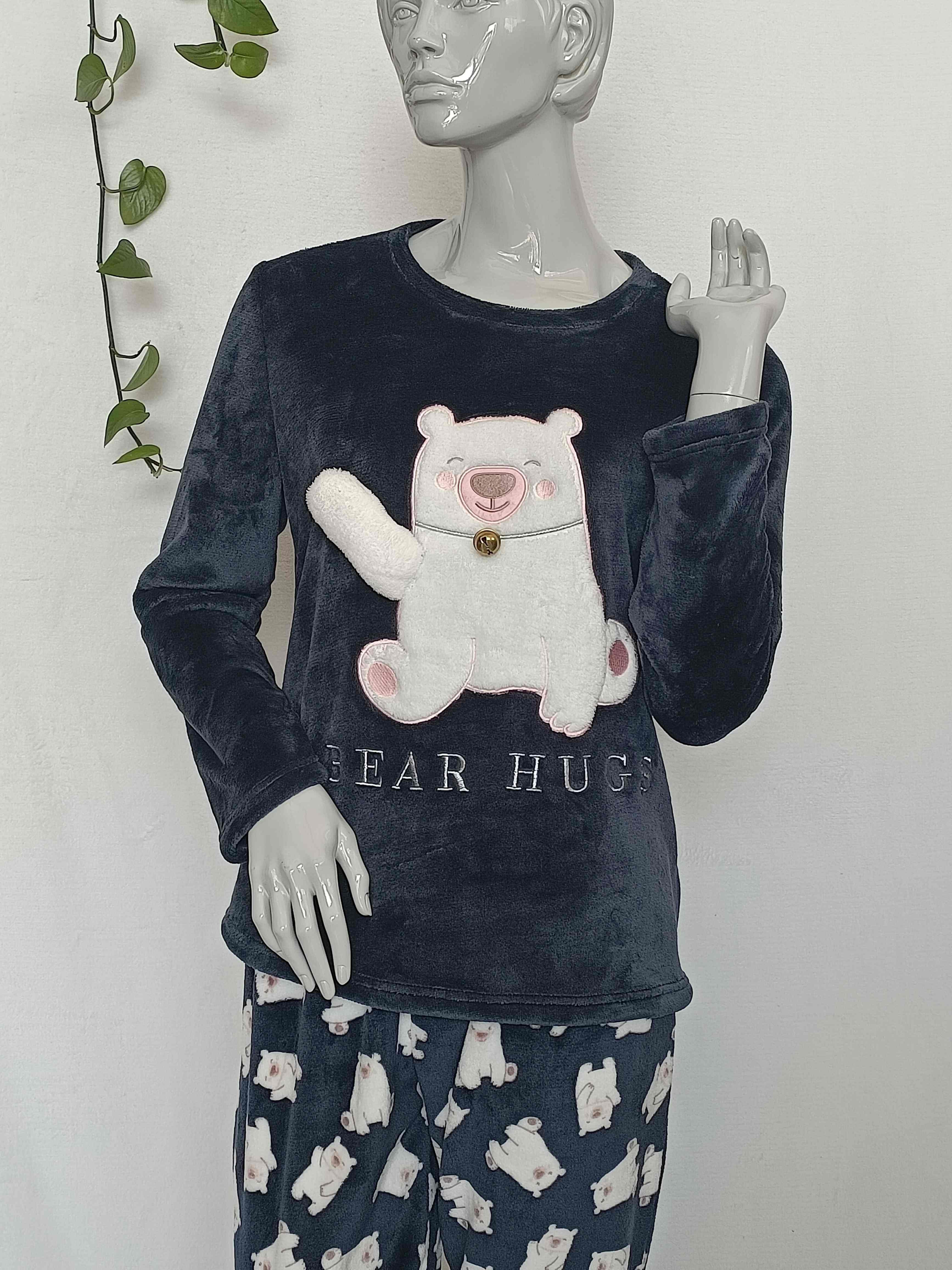 Ladies fleece solid+print emboridery bear pyjamas loungewear