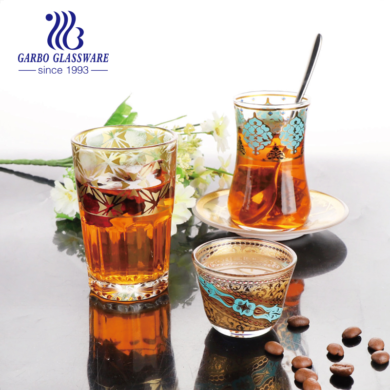 Middle East Style 7oz Glass Tea Cup and Saucer Set with New Decals