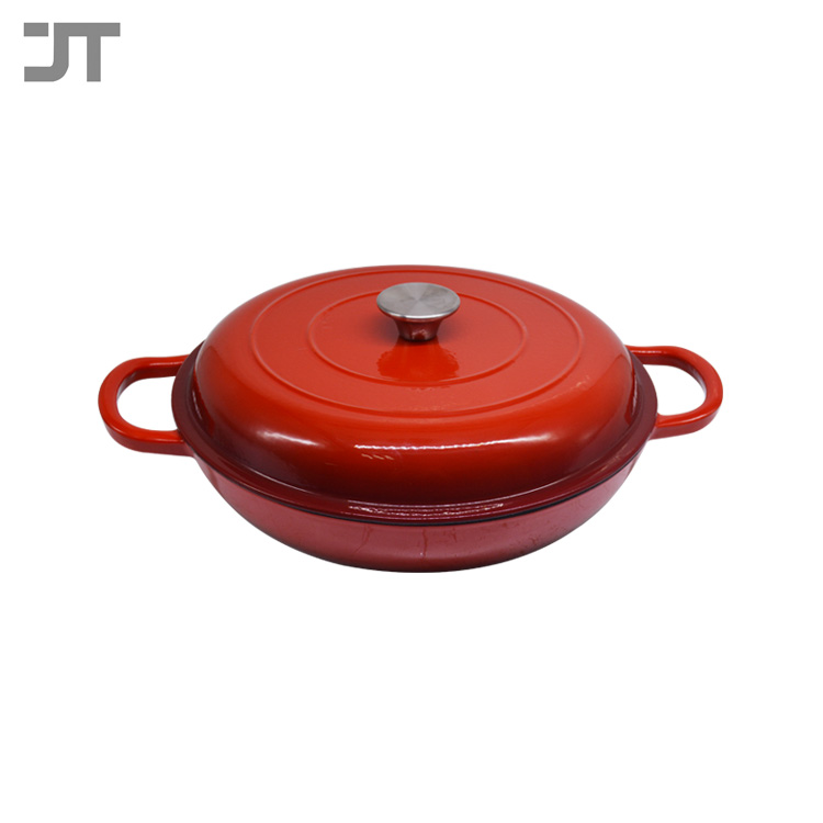 Round shape red color enamel coating shallow cast iron casserole with lid