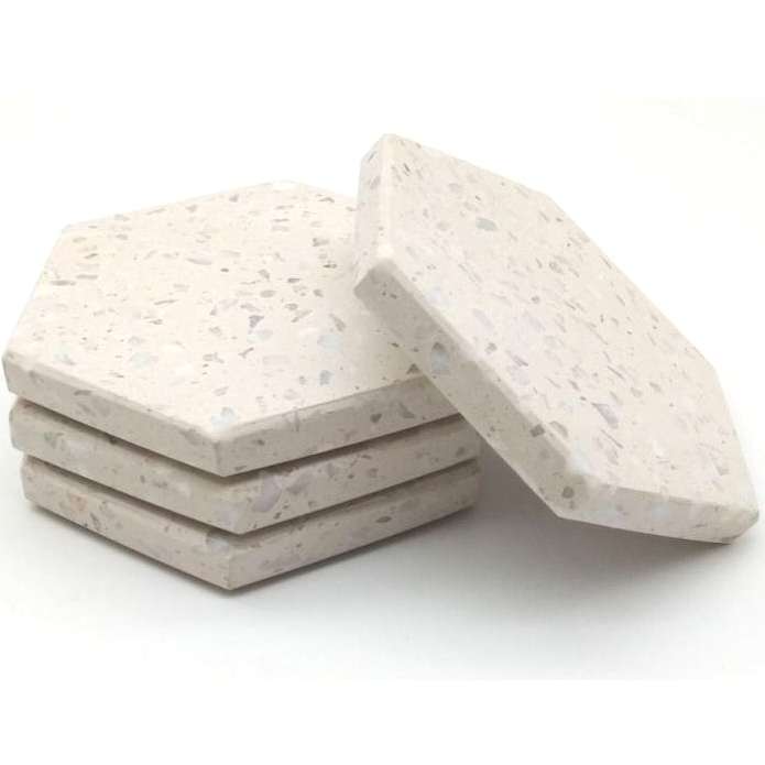 Set 4 Beige Terrazzo Plain Stone Coasters Plate Hexagon Straight Rim Backside With Pads