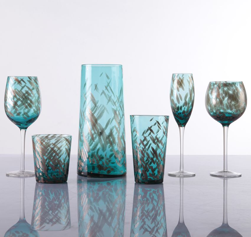 Tinted color carafe wine glass and stemless champagne glass goblet set
