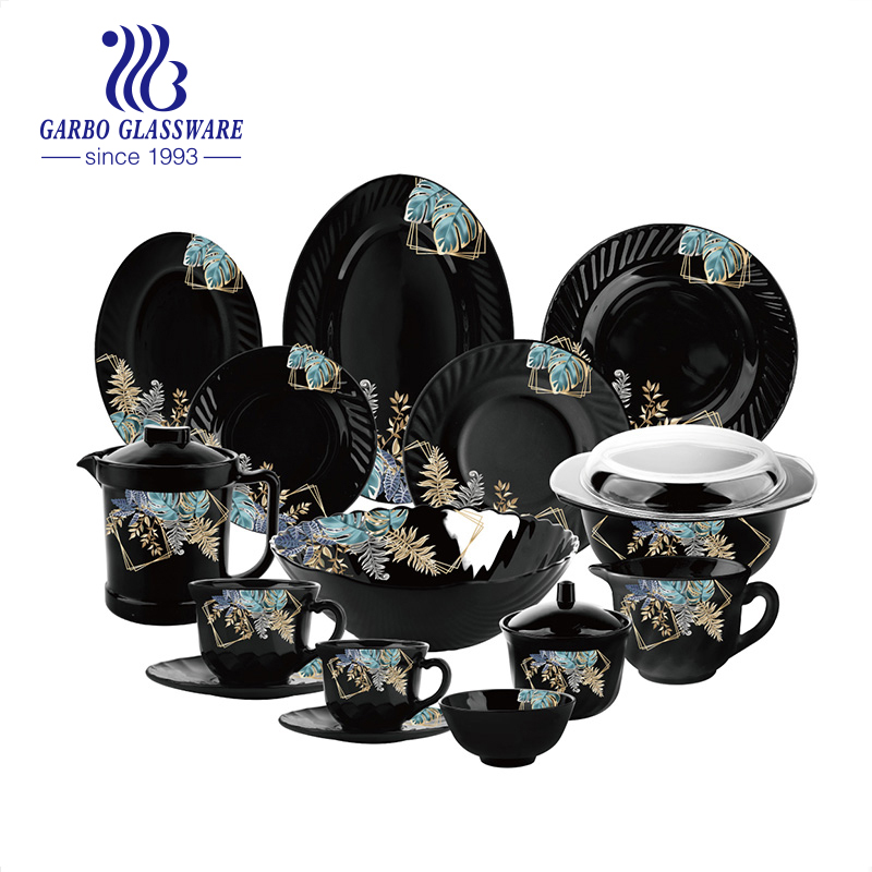 New design hot sell black opal glass dinnerware set 58pcs