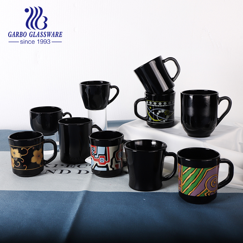 340ml coffee tea glass cup black color opal glass cups with customized decals