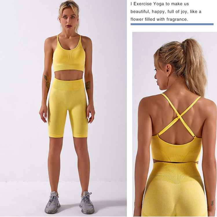 Two-piece European and American knitted seamless sports yoga sweat suit fitness bra high waist shorts buttocks