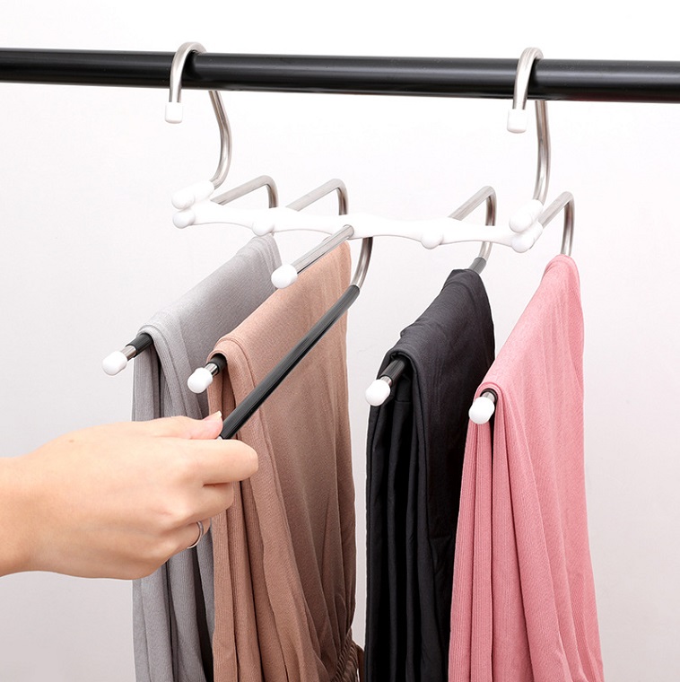 Stainless steel multifunctional anti slip folding and storage magic pants rack, five in one multi-layer pants rack hanger