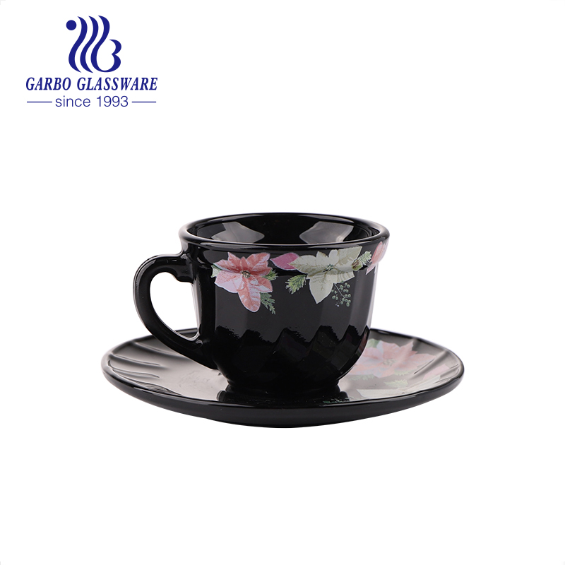 80ml small black solid color opal glass cup with saucer set glass teacups