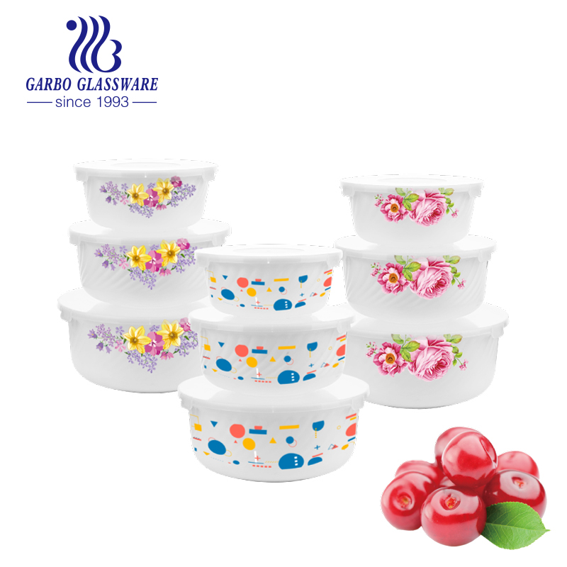 3pcs set white opal glass bowl set with decal 1400ml 960ml 5400ml