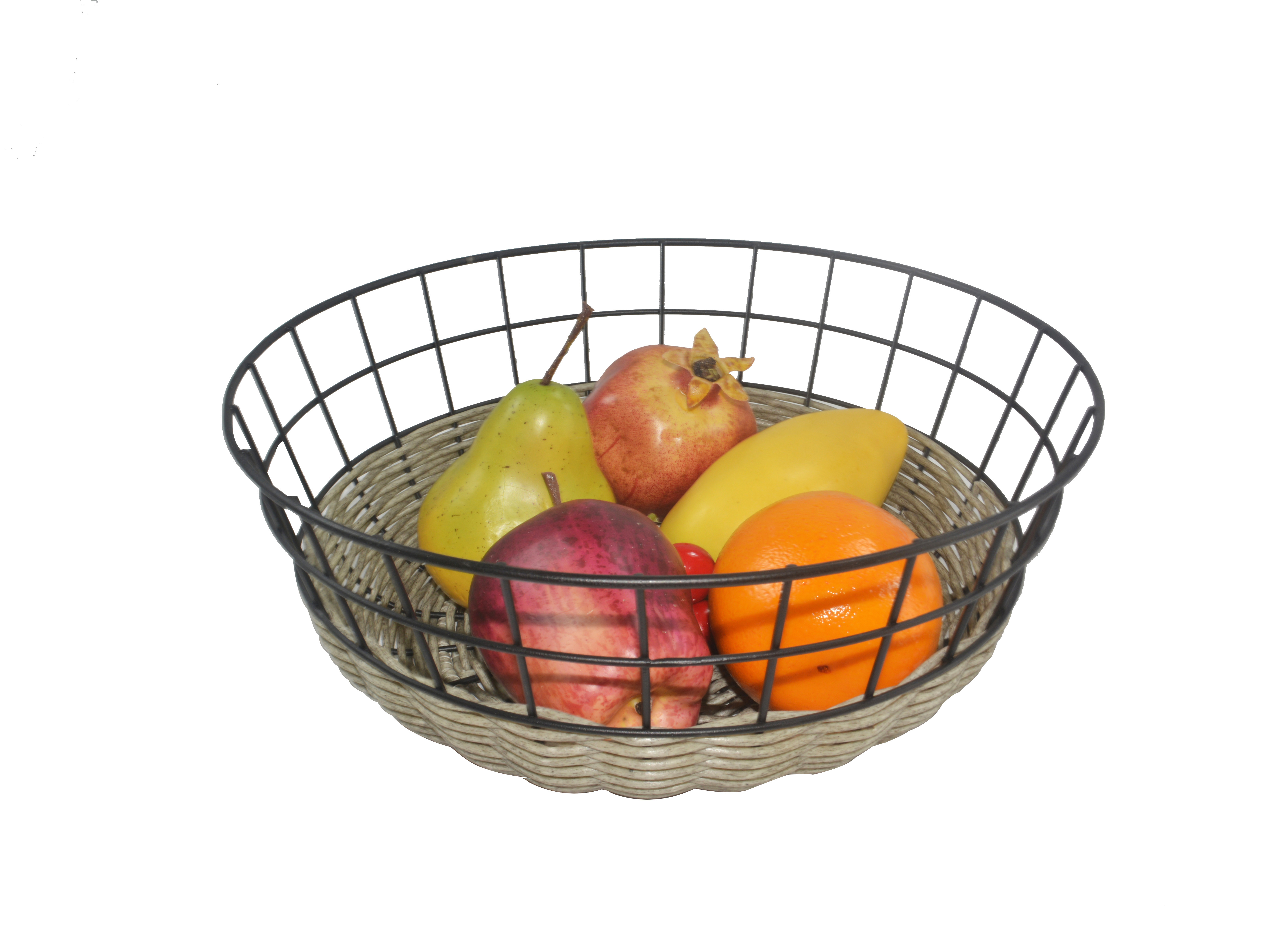 Round wire and plastic rattan woven storage fruit basket