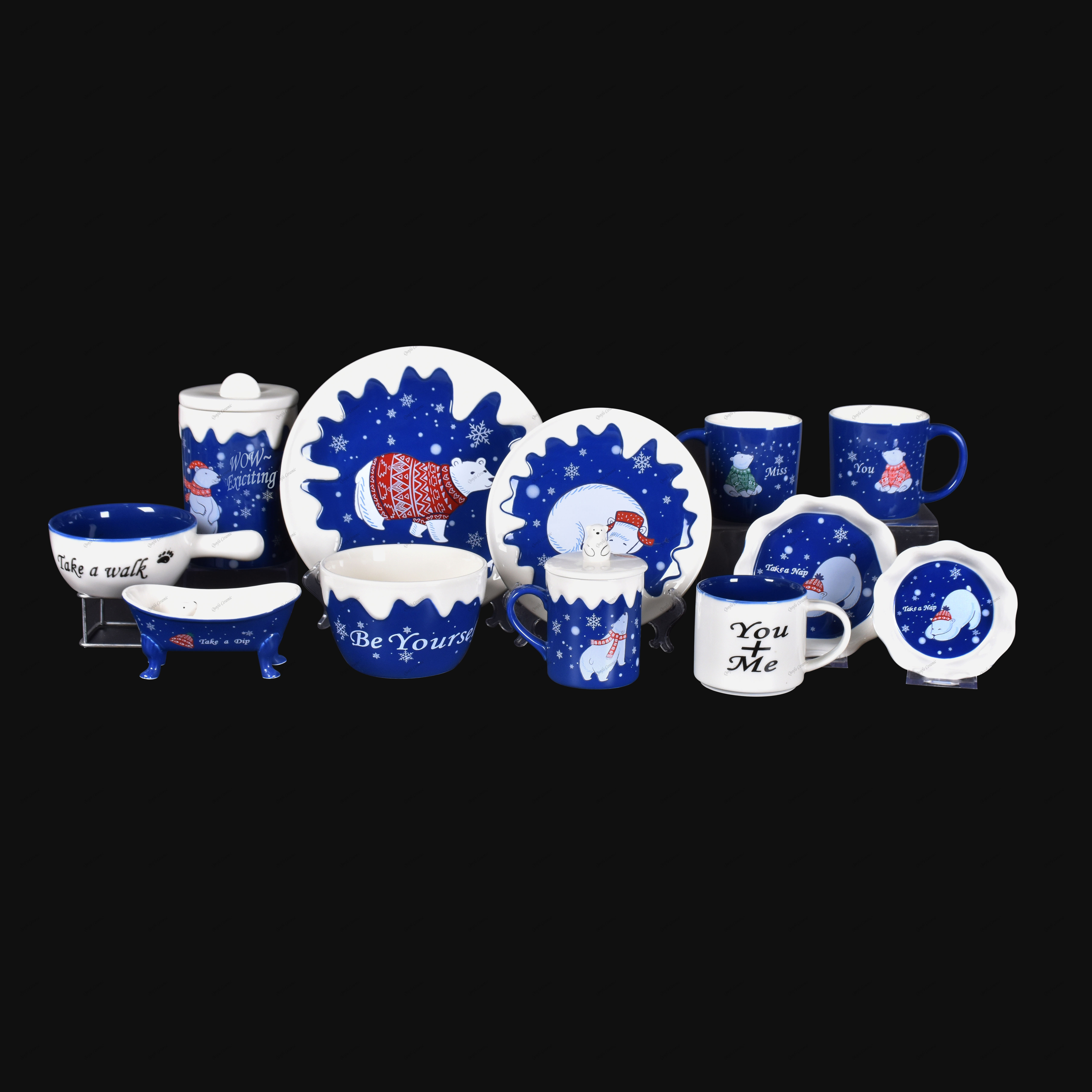 Wholesale New Design Bear Animal Ceramic Plate Blue & White Plates Sets Dinnerware Dishes Ceramic White bear theme tableware