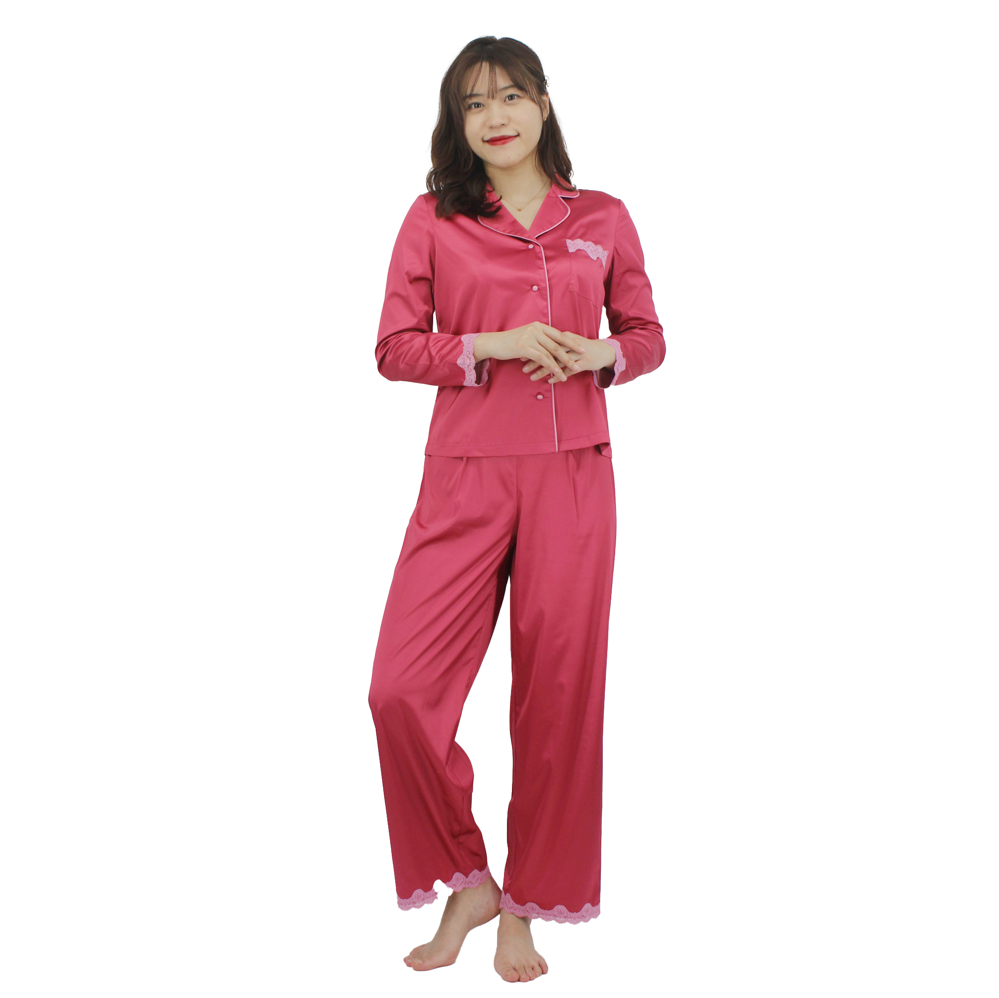 woven satin long sleeves and pant PJ set