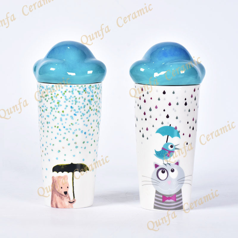 Custom Handle printed design unique cloud shape ceramic mug with lid