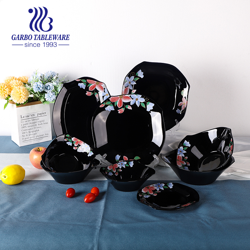 Printed Flower Decoration Stock opal glass dinner Set dish plate bowl black opal glassware dinnerware