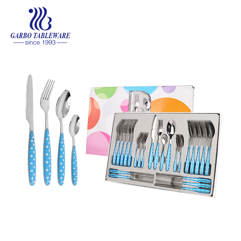 Stainless steel flatware set cheap kitchen utensil 24pcs table dinner cutlery set with plastic handle