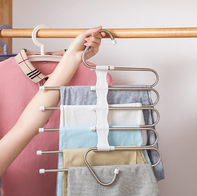 Stainless steel multifunctional folding and storage magic pants rack, five in one multi-layer pants rack hanger