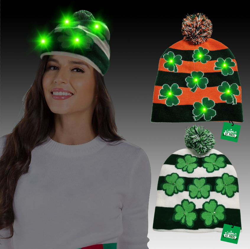Light Up Short Knitted Hat w/Clover Pattern