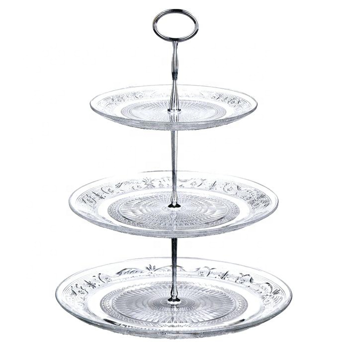 Fancy Clear Glass Wedding Cake Dish with Metal Pillars