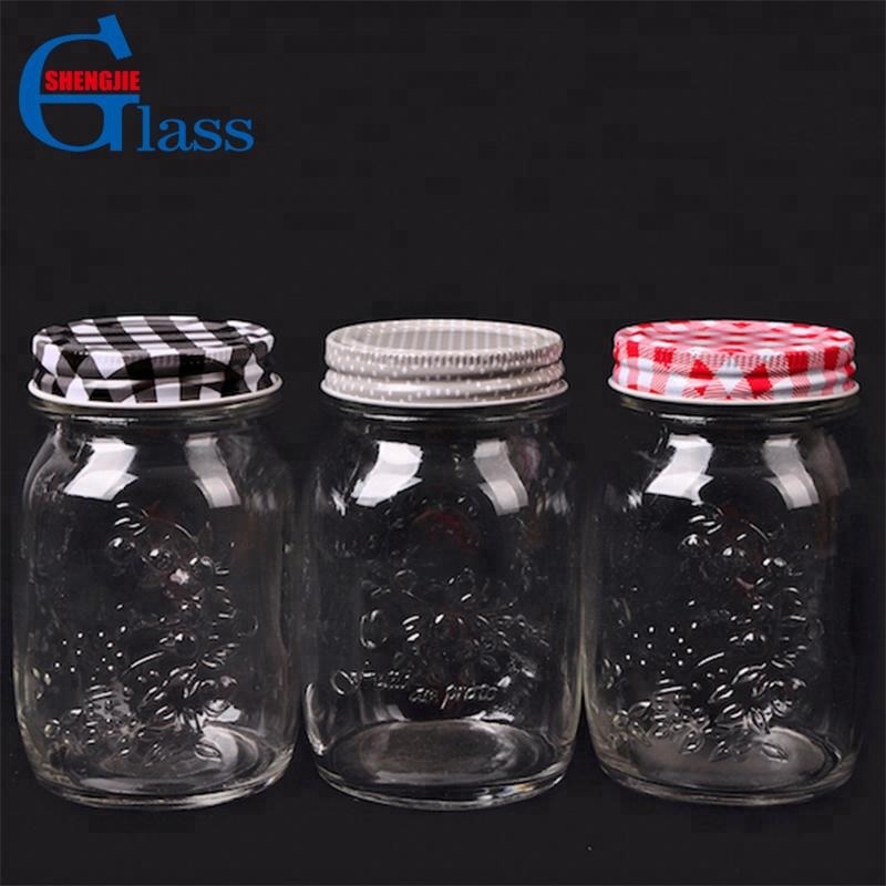 Manufacturer Embossed 16oz Glass Mason Jar with Tinplate Lid