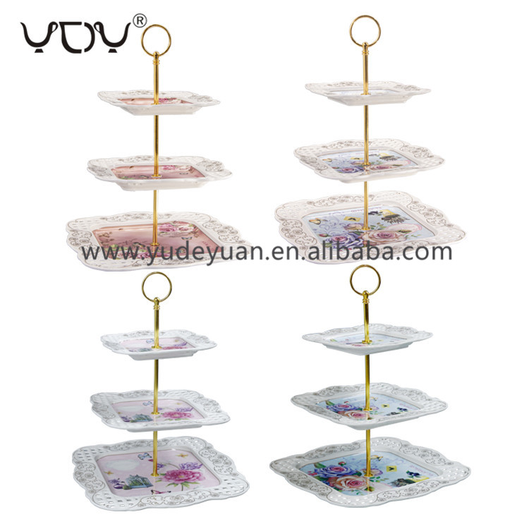 square shape rose flower fancy print design dessert 10.5+8.5+6inch gold wedding cake stand