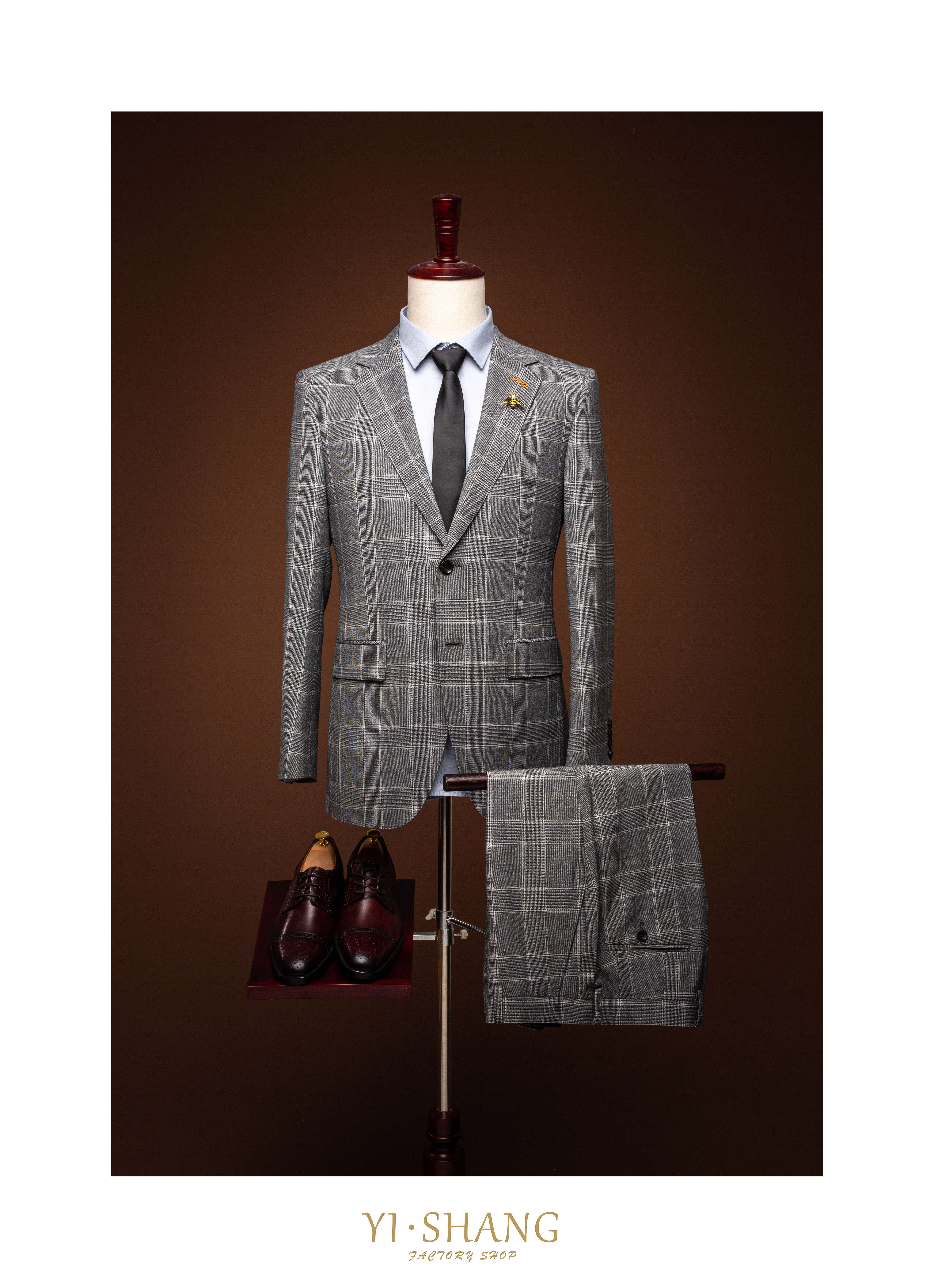 YISHANG grey checkered flat mottled collar suit