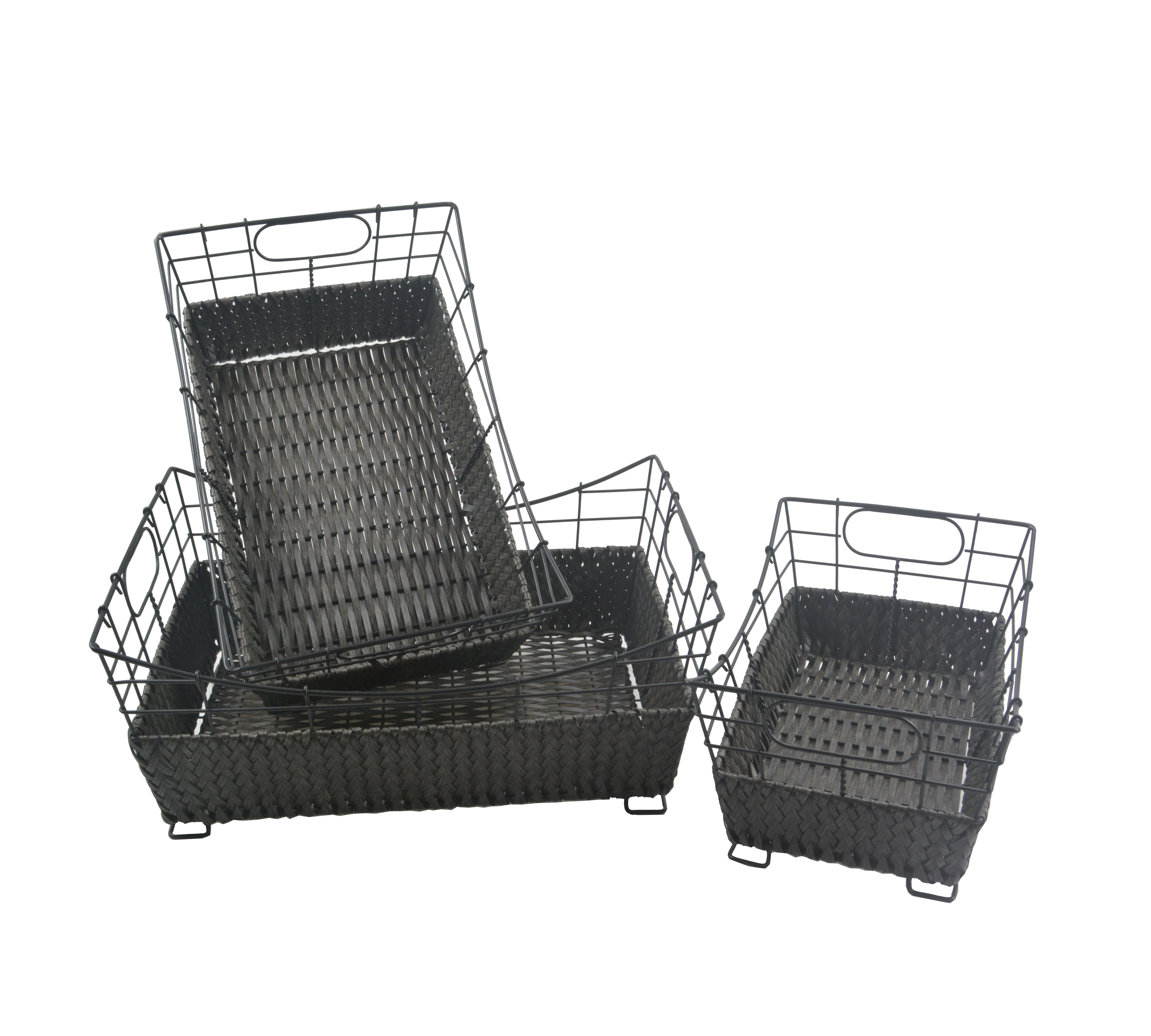 Black metal and PE rattan storage basket set