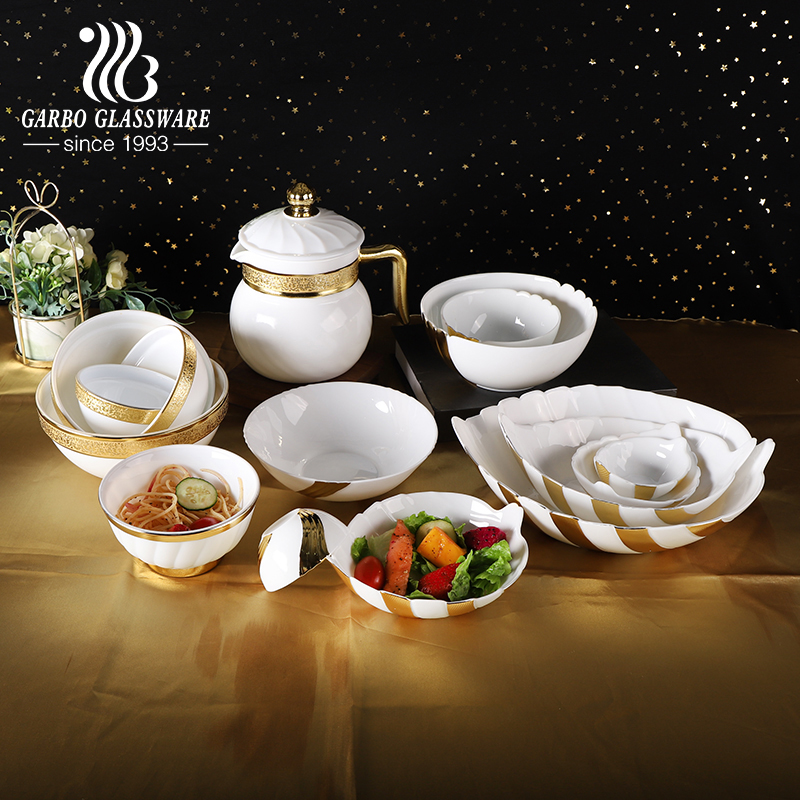 Decorative round golden 1L white opal glass teapot with heavy cover