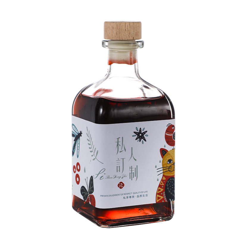 100ml 250ml 300ml 375ml 500ml empty square clear beverage glass bottle with cork or screw lid