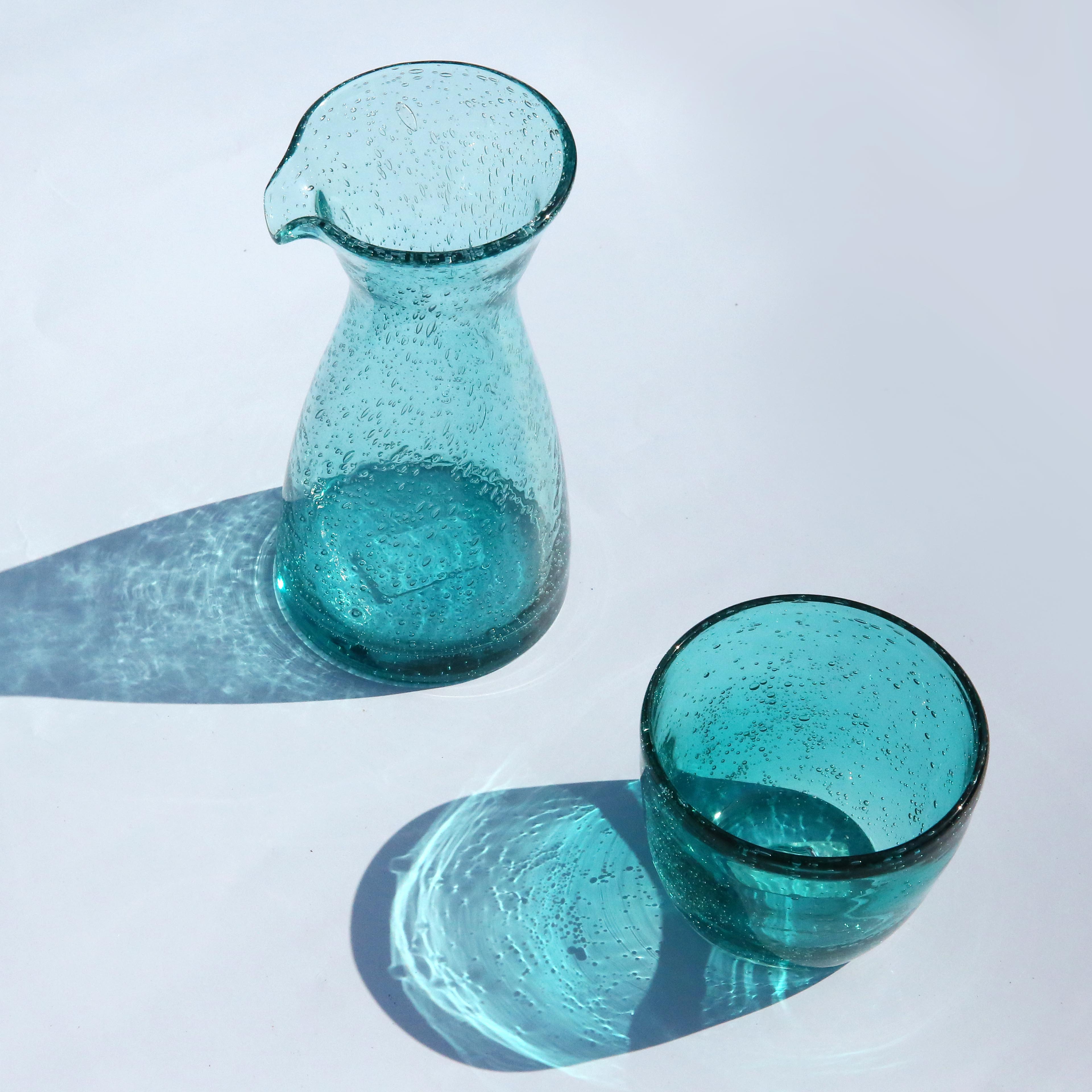Glass Water Carafe with Tumbler with Bubbles - Hand Made Drinkware, Elegant Jug and Drinking Glass Cup Set of 2