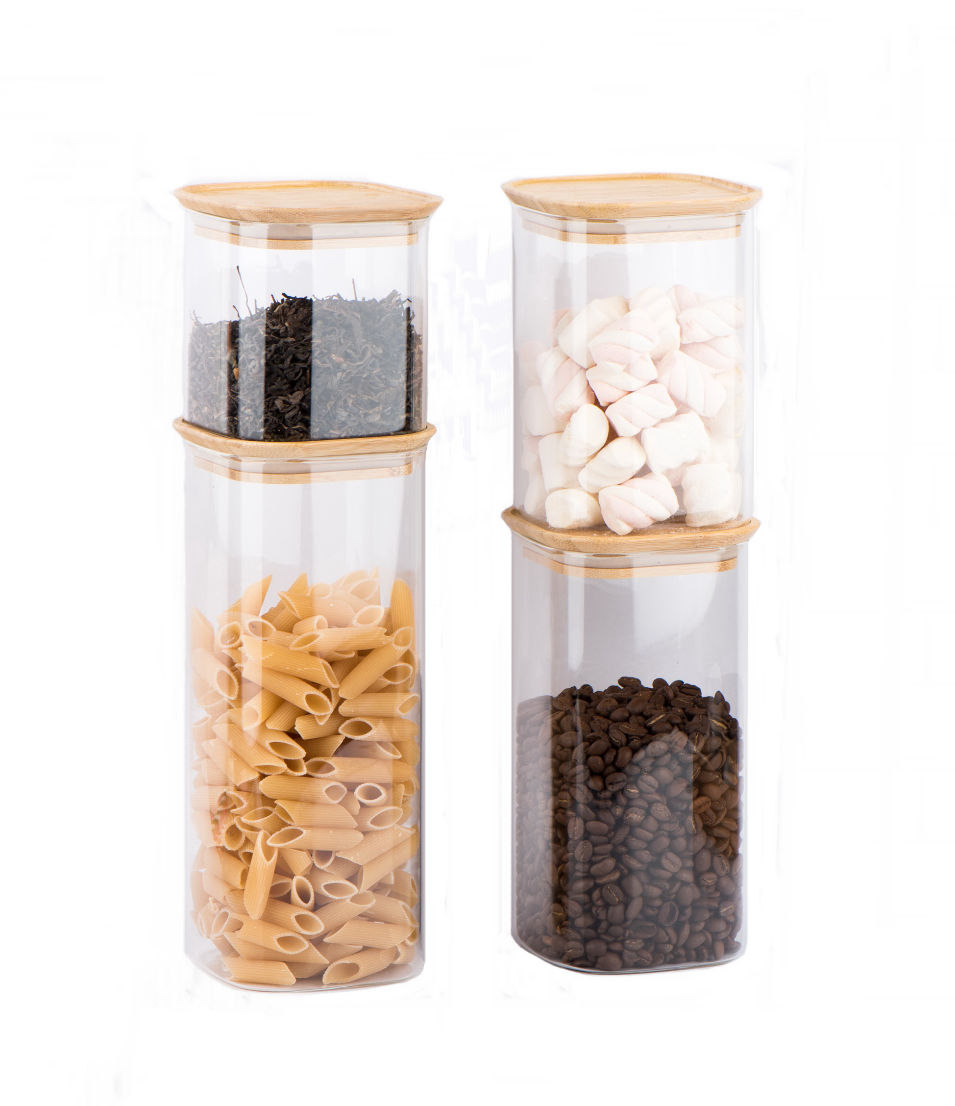 High borosilicate glass storage jar square shape with stacked up bamboo lid
