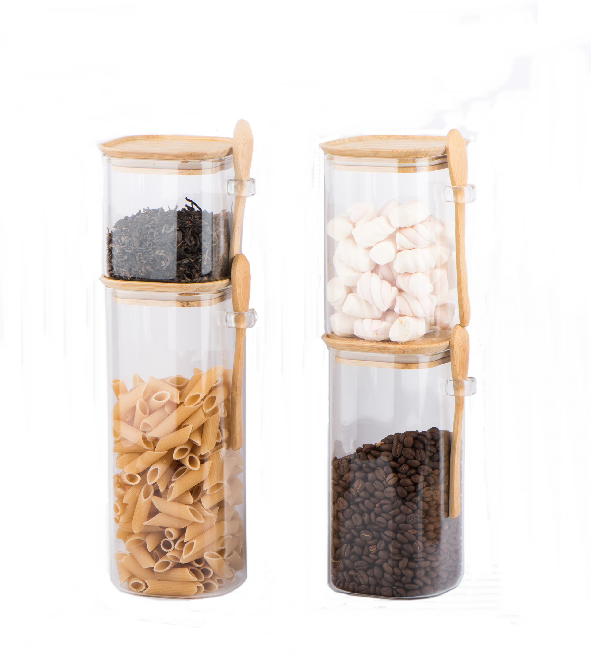 High borosilicate glass storage jar square shape with stacked up bamboo lid and spoon