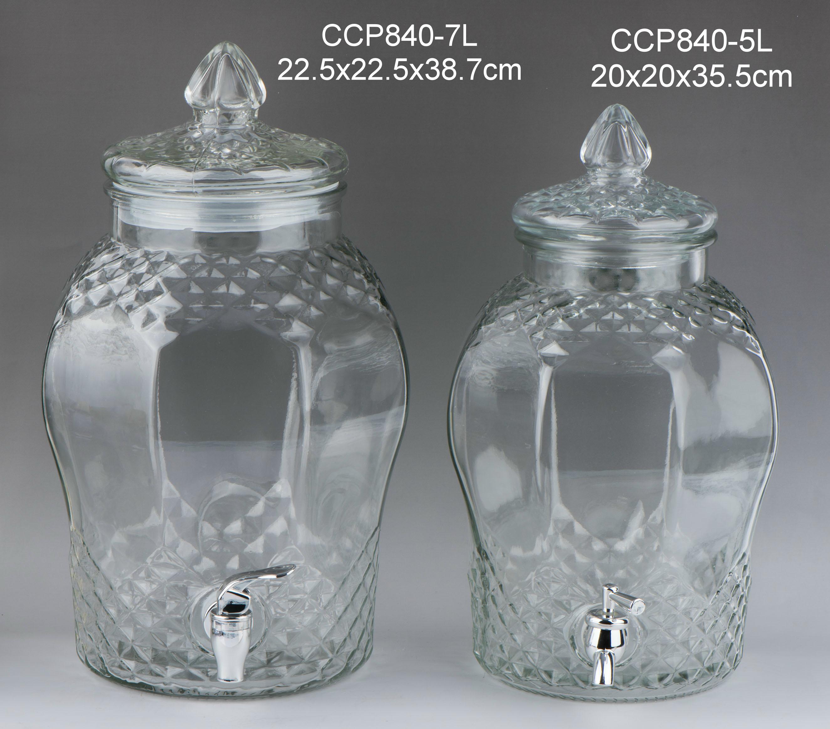 Wide mouth 5L 7L glass juice dispenser with glass lid and plastic tap