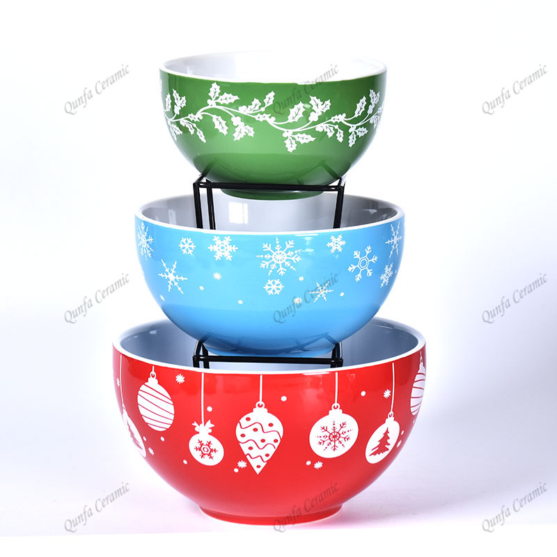 Set of 3 Christmas series Hand Painted fruit Ceramic Salad Serving bowl
