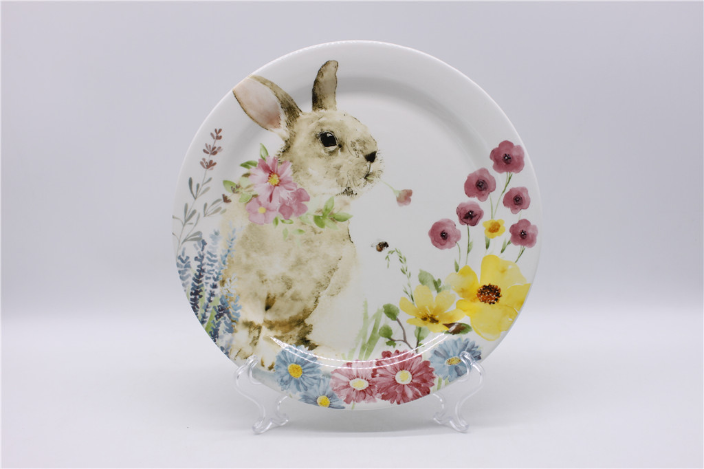 Ceramic Plate with Flower and Bunny Decal