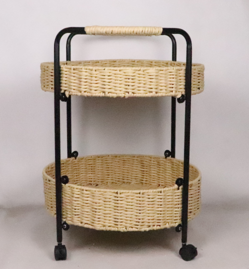 YR21040304 zhengheshun Bedroom furniture iron structure side table with paper rope basket and wheel