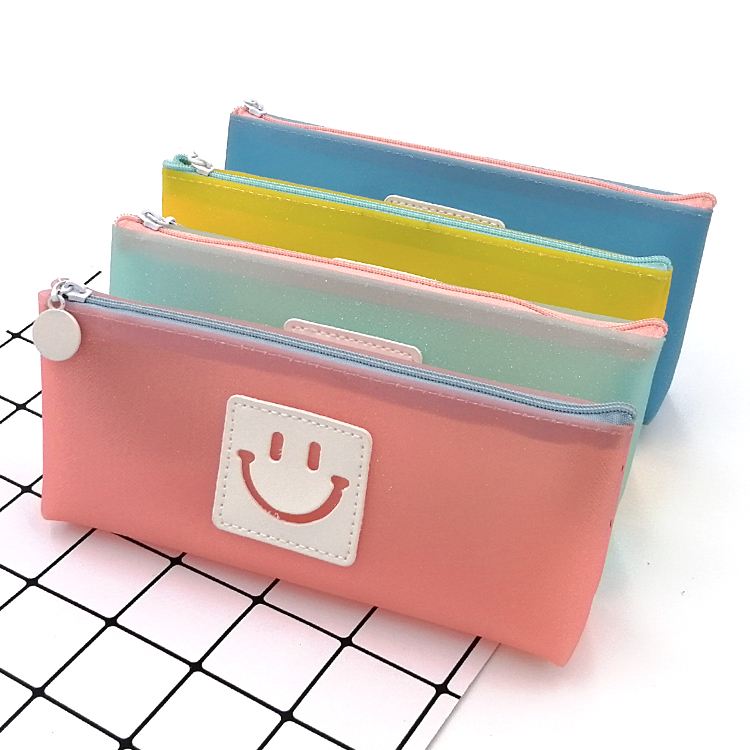 Custom colorful simple style ok smile face weather logo jelly TPU zipper triangle pencil case