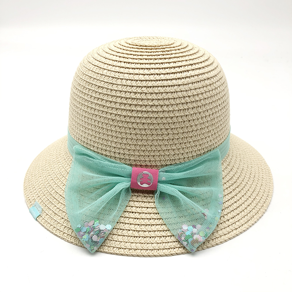 AL000116R Kids Sequins Net Bow Trims Paper Straw Hats Baby Girls Cloche Hats