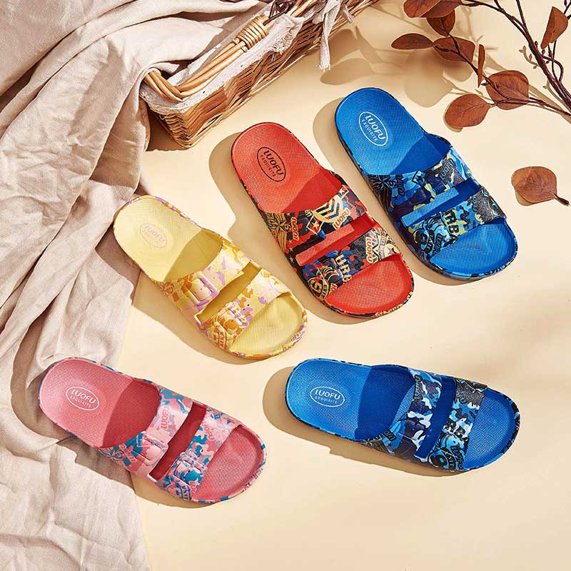 LUOFU fashion double belt with digital printing youth non-slip slide slipper F2319-2