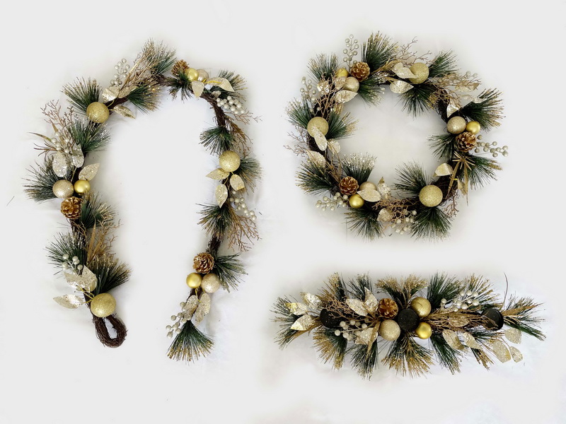 Christmas gold ball pinecone rattan wreath/garland/candle holder decor