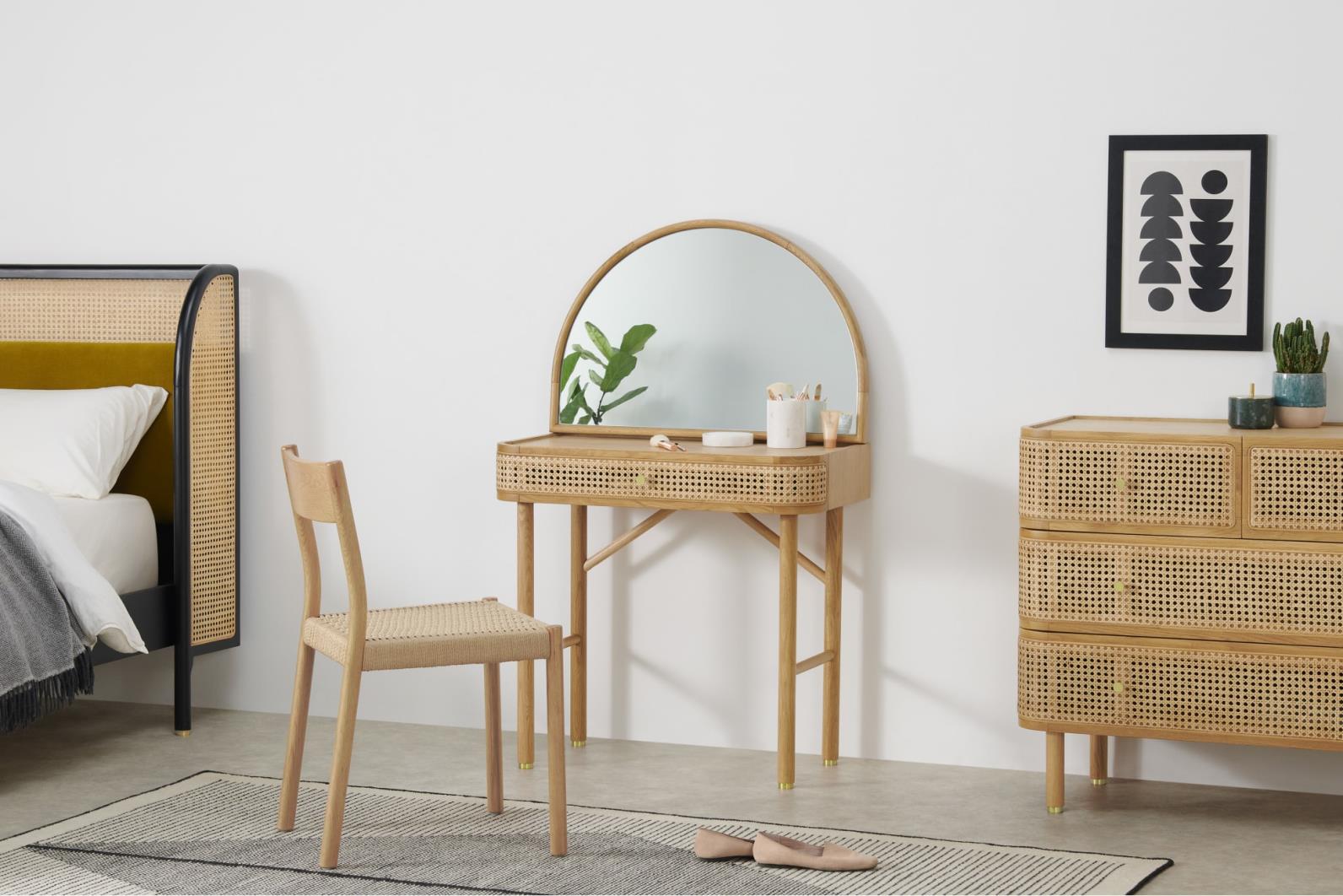 New product modern wood dressing table with mirror and rattan drawer bedroom furniture