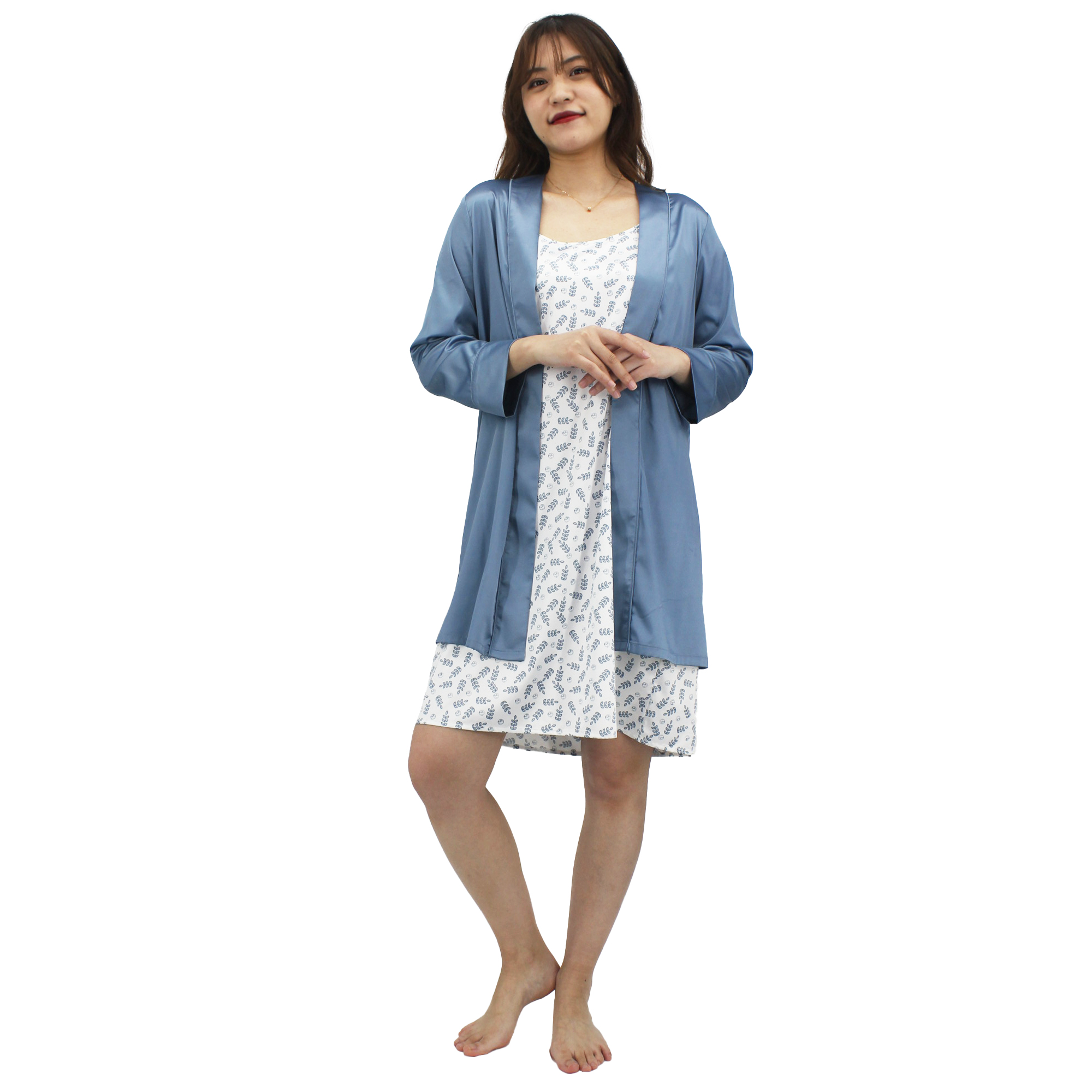 woven recycled polyester stretch satin all over printed chemise and blouse set