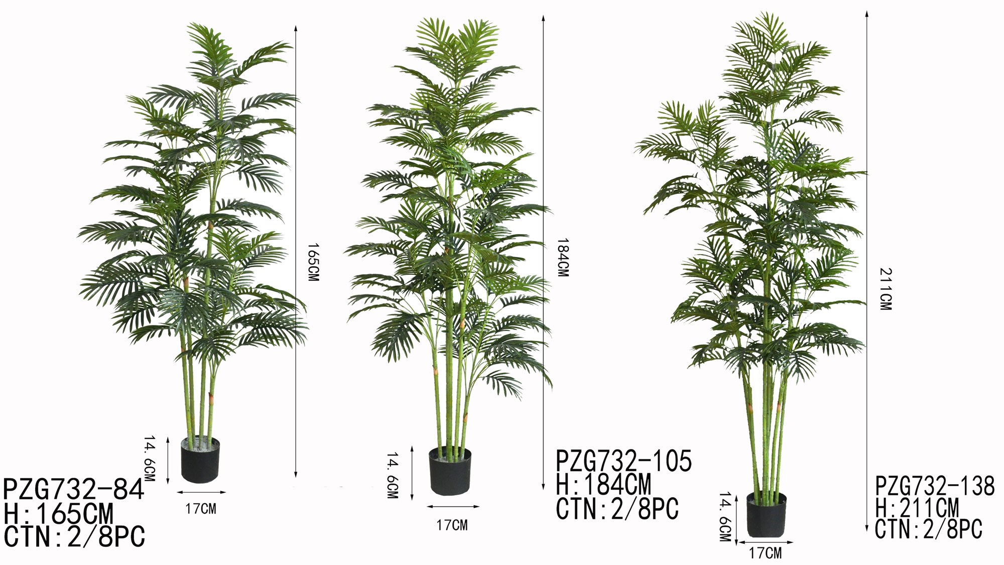 PZG732-84, PZG732-105 ,PZG732-135 Artificial Palm Tree Kwai Tree X 22 Sets of Leaves Decorations