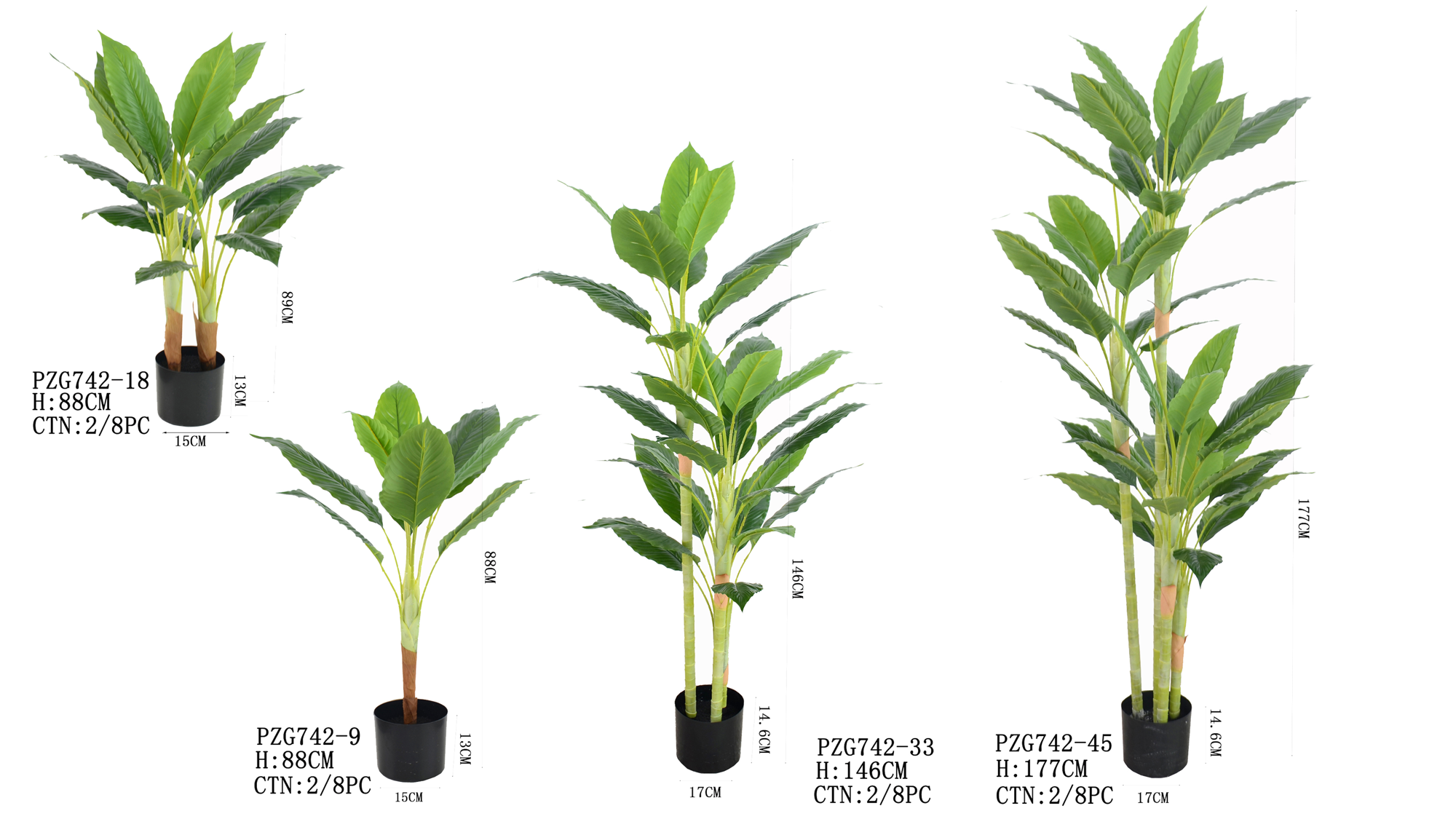 PZG742-9,PZG742-18,PZG742-33,PZG742-45 Artificial Bonsai Plants Banana Tree for Deocoration Evergreen Leaves