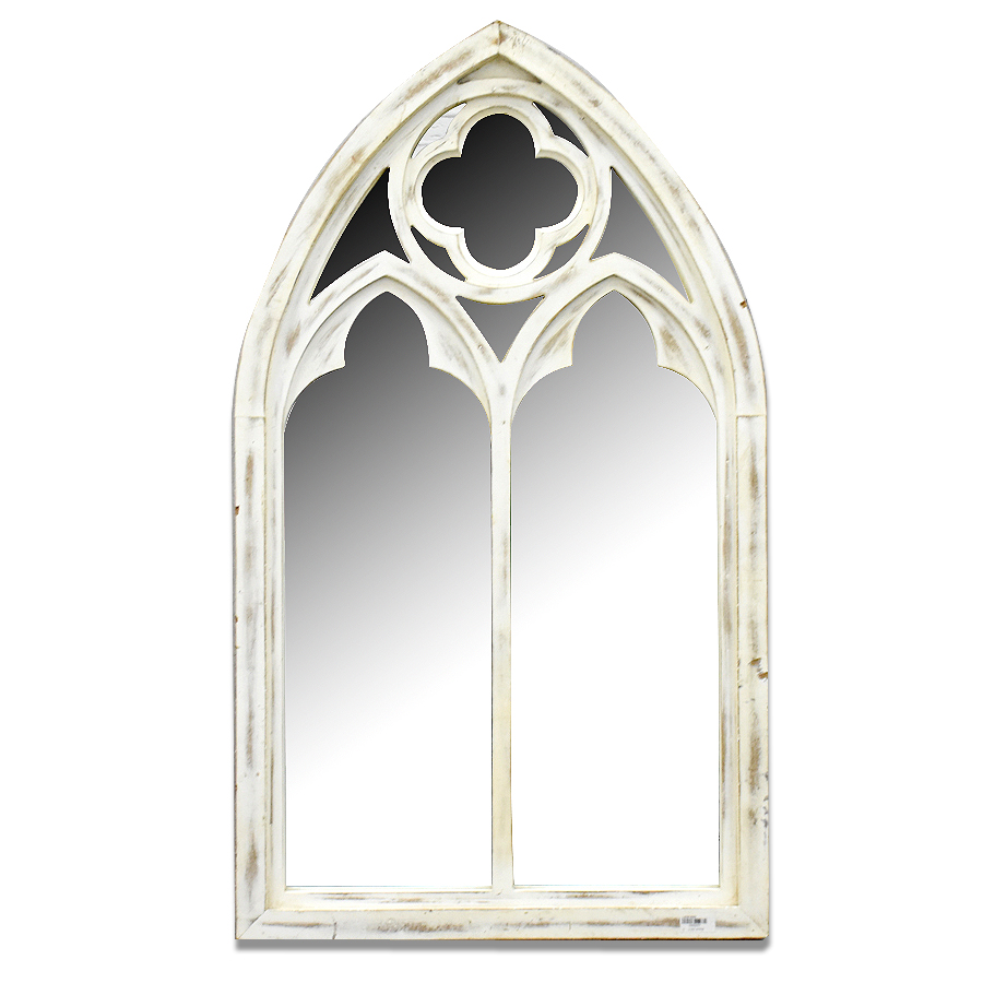 Luckywind White Handmad Antique Decorative Arched Door Wood Mirror, Vintage Primitive Country Style Farmhouse Wall Decor Mirror