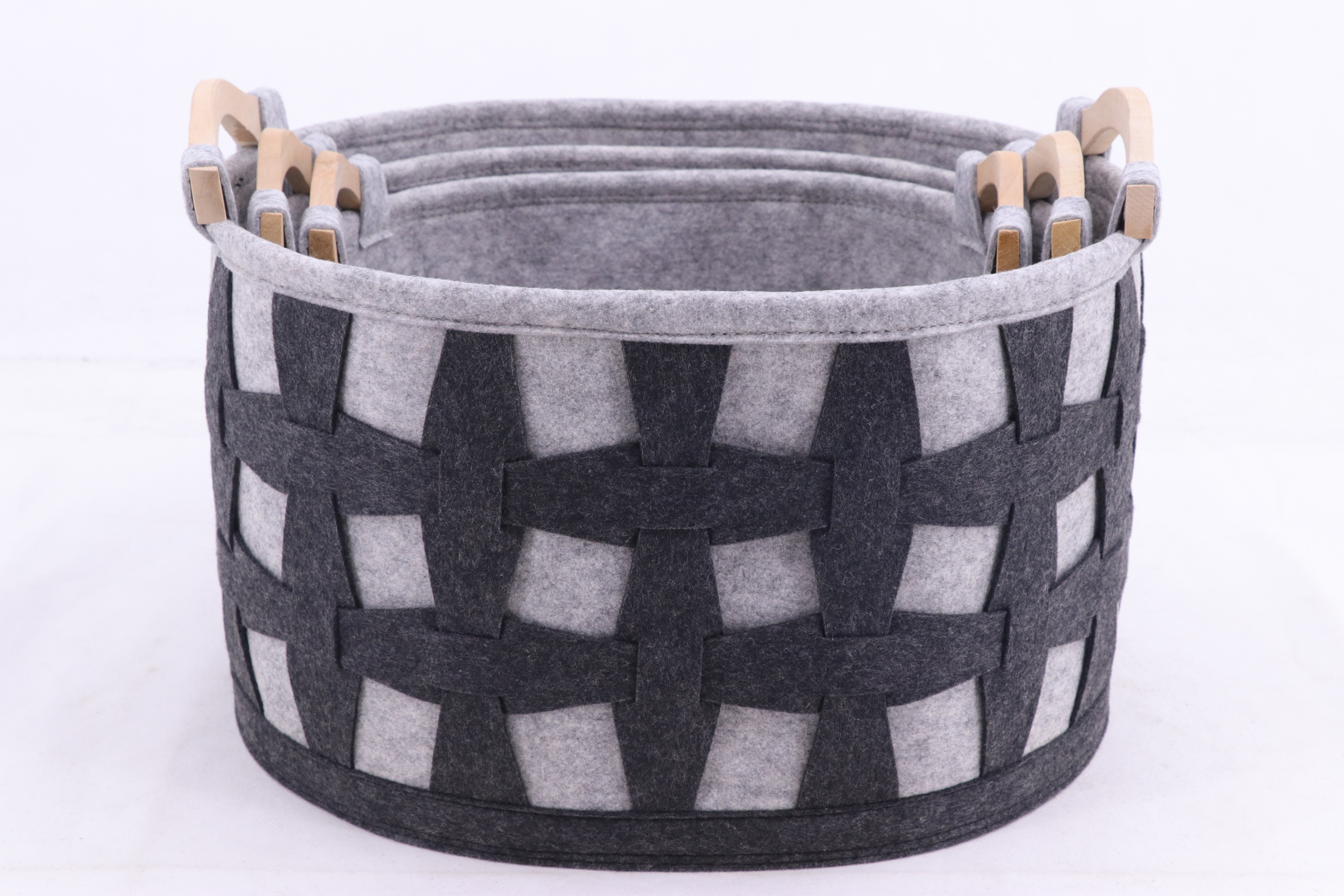 Set of 3 oval felt storage basket with wood handle, toy storage organizer, laundry hamper basket
